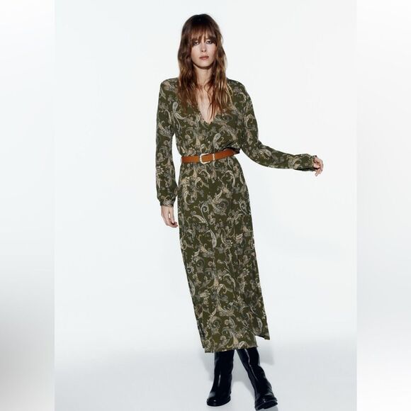 ZARA BNWT GREEN PAISLEY PRINT MIDI SHIRT DRESS BELTED. - Picture 1 of 10